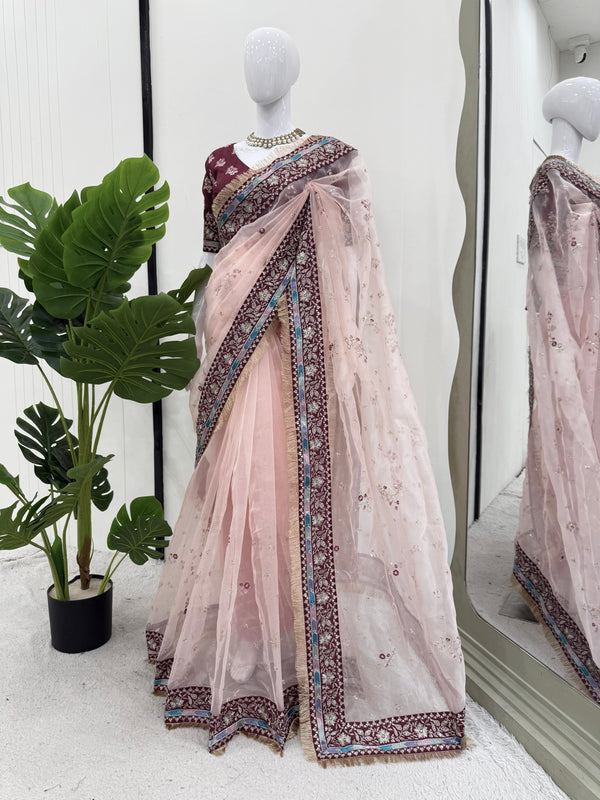 Peach Color Wedding Wear Organza Silk Saree