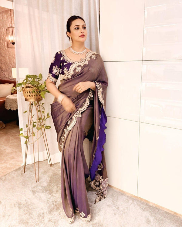 Heavy Border Zari Embroidery Work Onion Color Saree