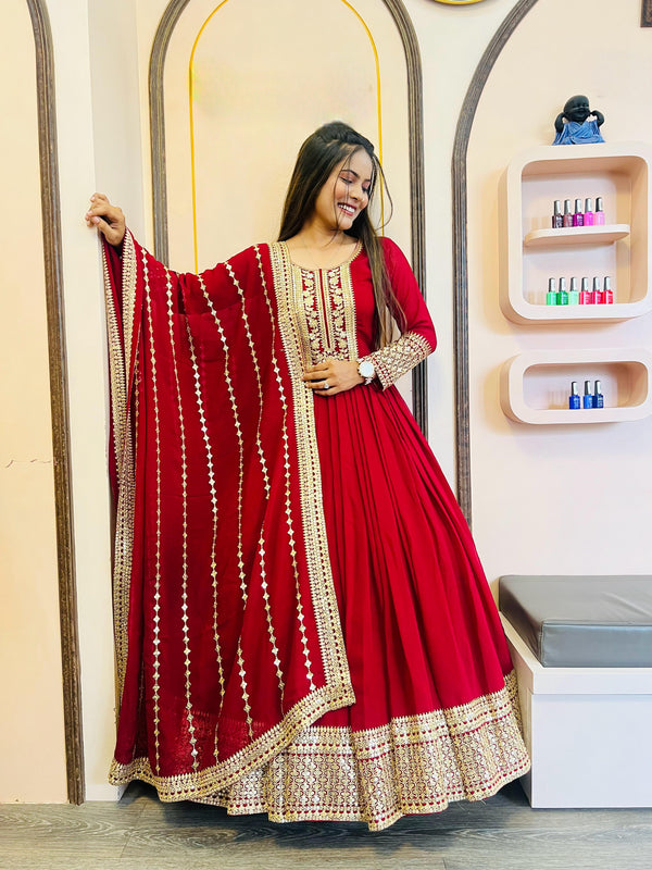 Shining Golden Sequence Work Long Red Gown With Dupatta