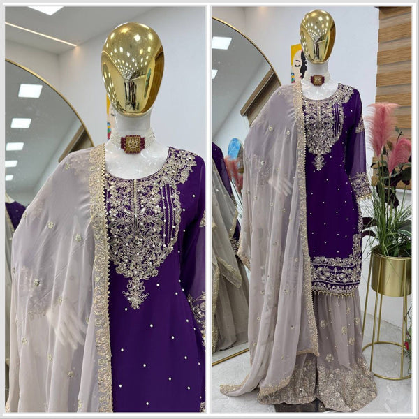 Glimmering Georgette Purple Color Sharara Suit