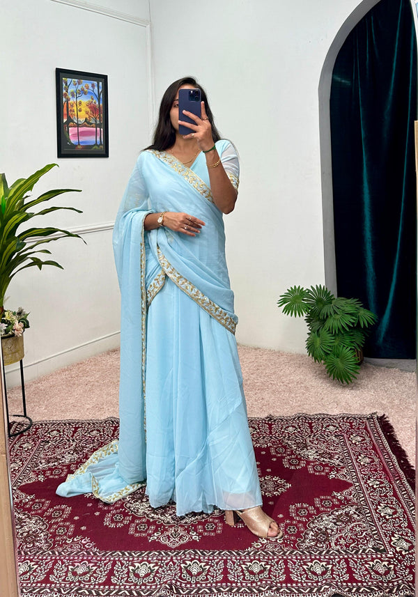 Good Looking Embroidery Work Sky Blue Color Saree Gown