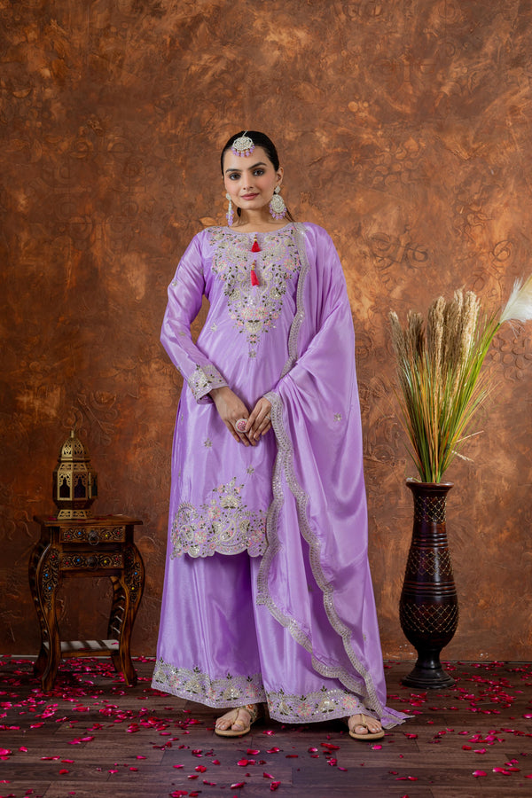 Outstanding Chinon Silk Lavender Color Palazzo Suit