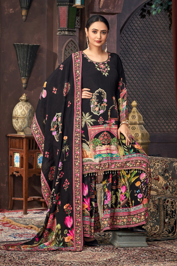 Black Color Georgette Printed & Mirror Work Palazzo Suit