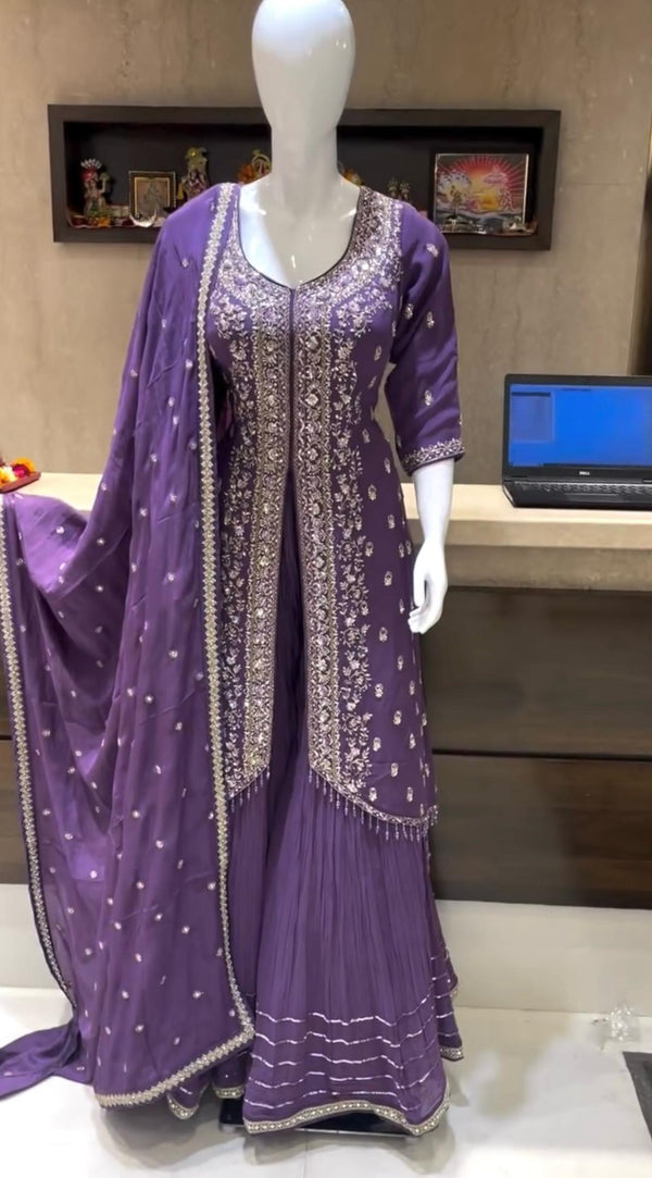 Demanding Purple Color Chinon Silk Sharara Suit