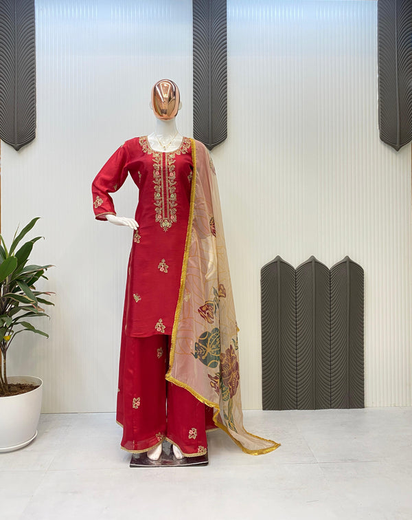Mesmerizing Sequence Embroidery Work Red Color Palazzo Suit