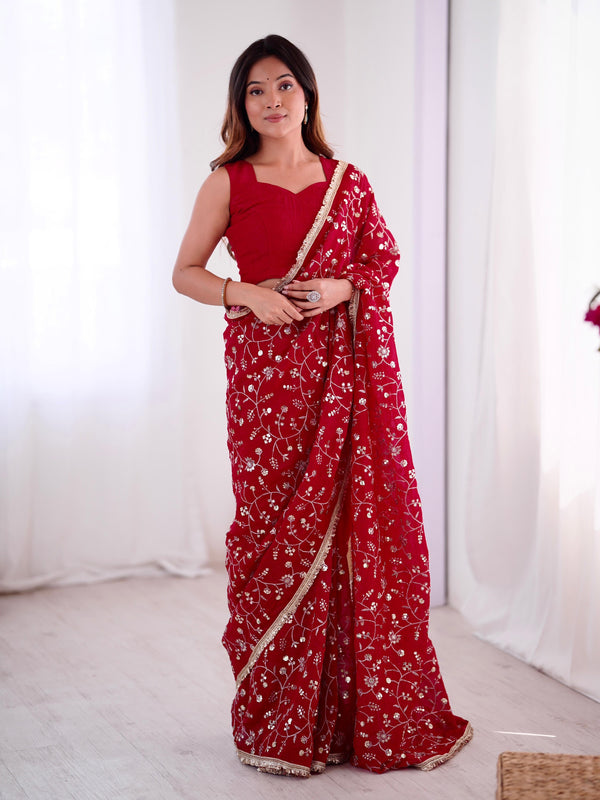 Beautiful Red Crunchy Silk Embroidery Work Saree