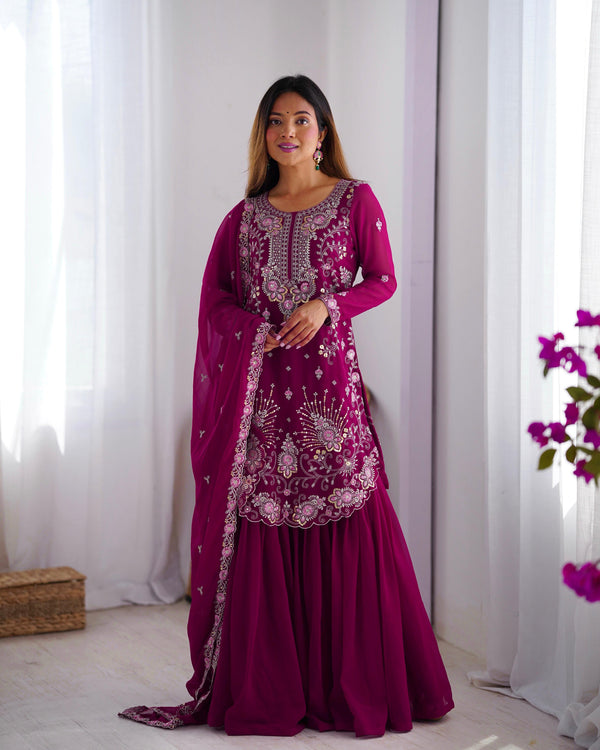 Eyes Catching Georgette Wine Color Sharara Suit
