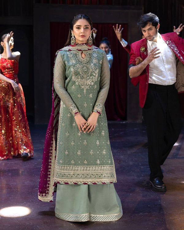 Green Color Embroidery Work Top With Palazzo Suit