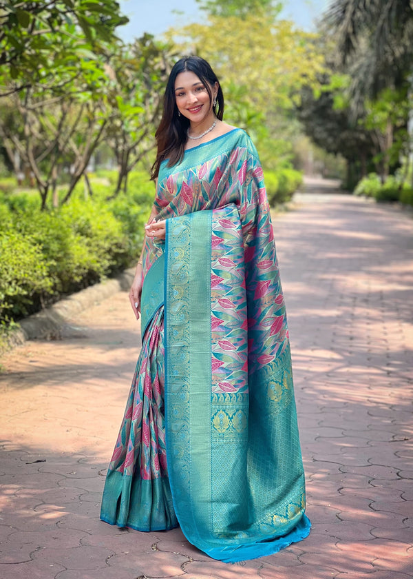 Wedding Wear Aqua Blue Beautiful Border Design Saree