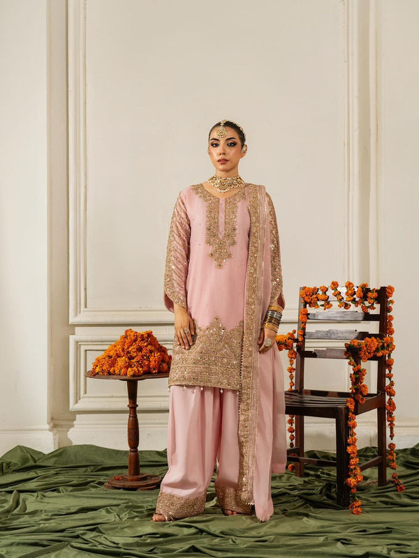 Ravishing Pink Chinon Silk Sequence Work Palazzo Suit