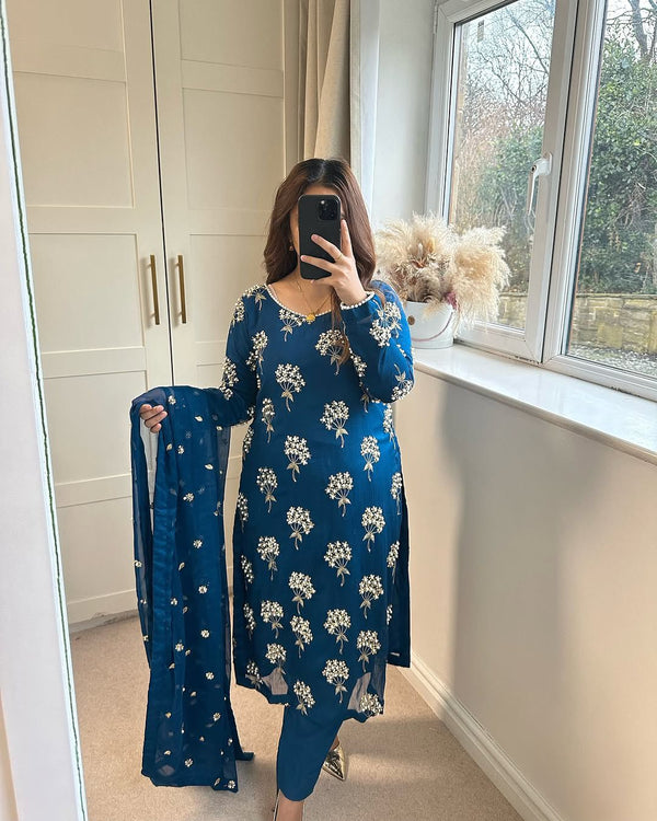 Charming Embroidery 5mm Sequence Work Blue Color Sharara Suit