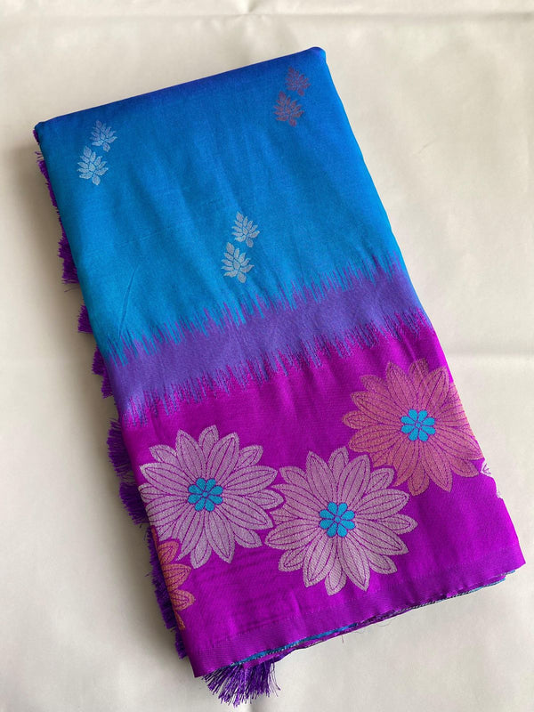 Lovely Floral Zari Weaving Border Blue Color Silk Saree