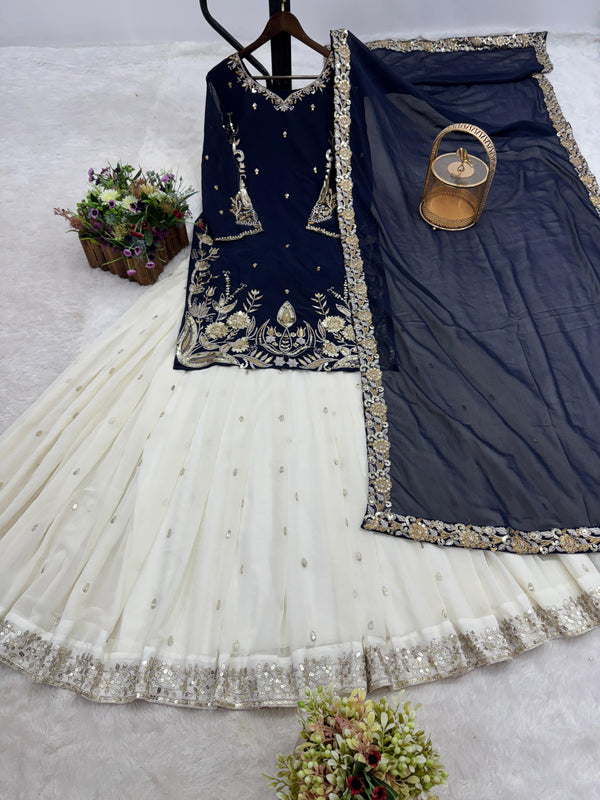 Georgette Embroidery Work Navy Blue Color Top With Lehenga