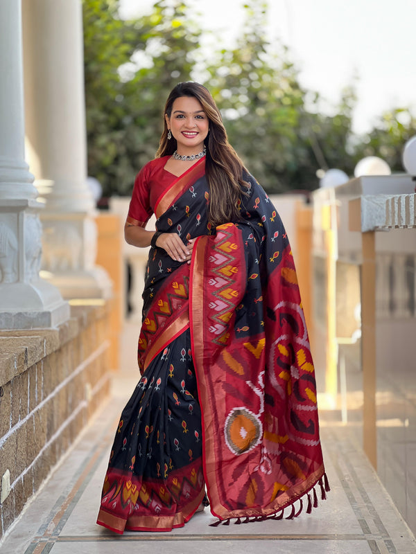 Black Color Patola Weaving Border Silk Saree