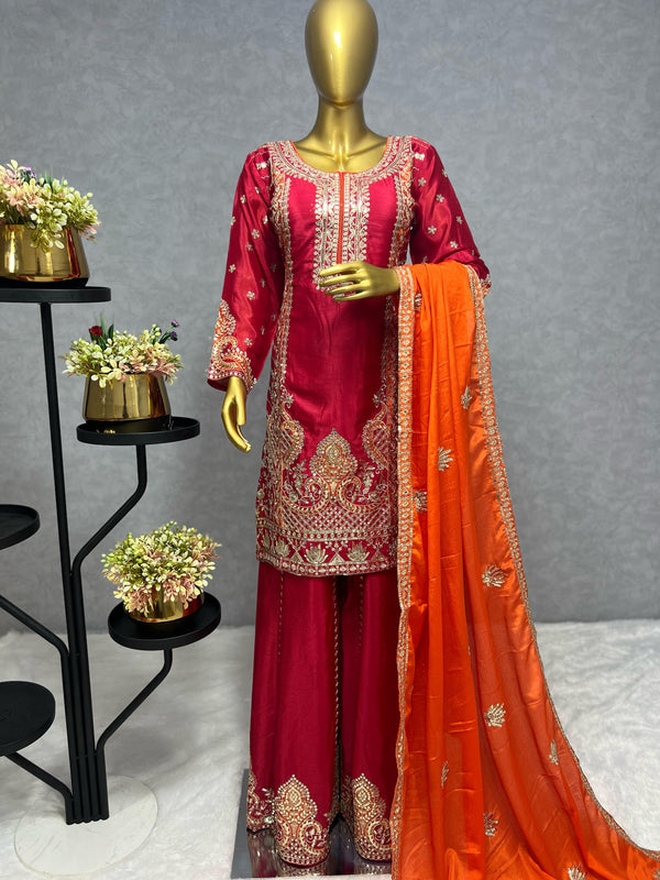 Glossy Red Color Chinon Silk Palazzo With Dupatta Set