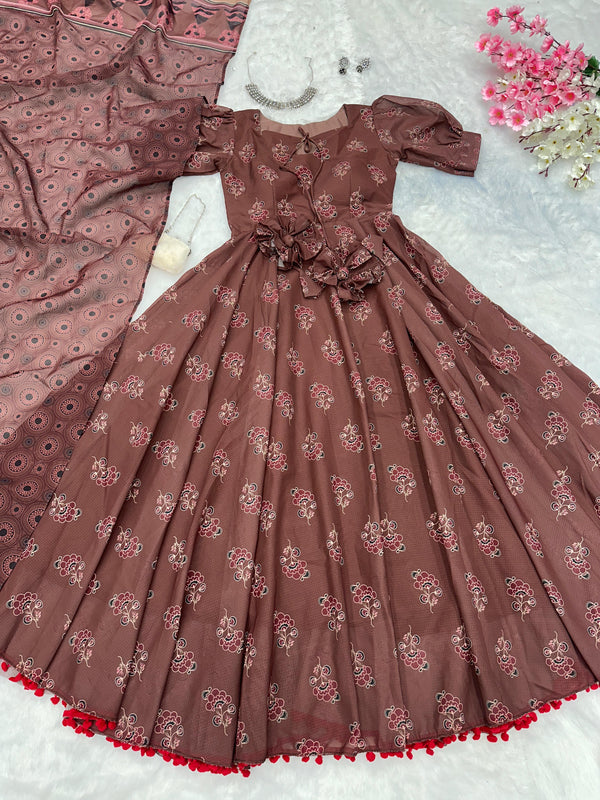 Casual Wear Printed Cotton Brown Color Gown