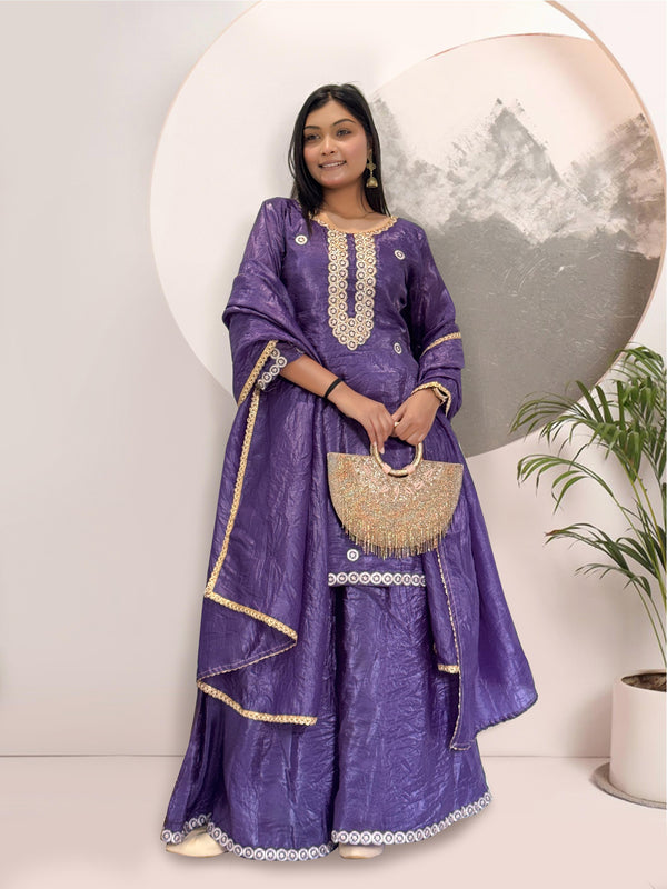 Stylish Purple Embroidery Work Silk Palazzo Suit