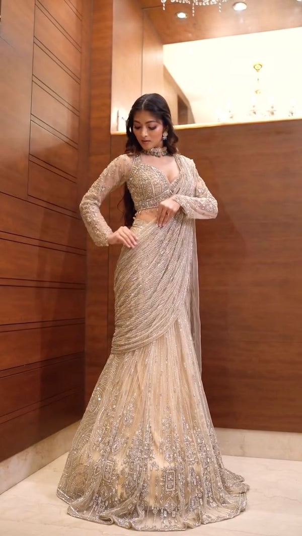 Beige Color Butterfly Net Ready To Wear Saree