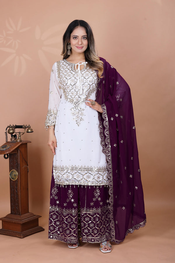 Fabulous Heavy Work White Color Suit With Wine Sharara
