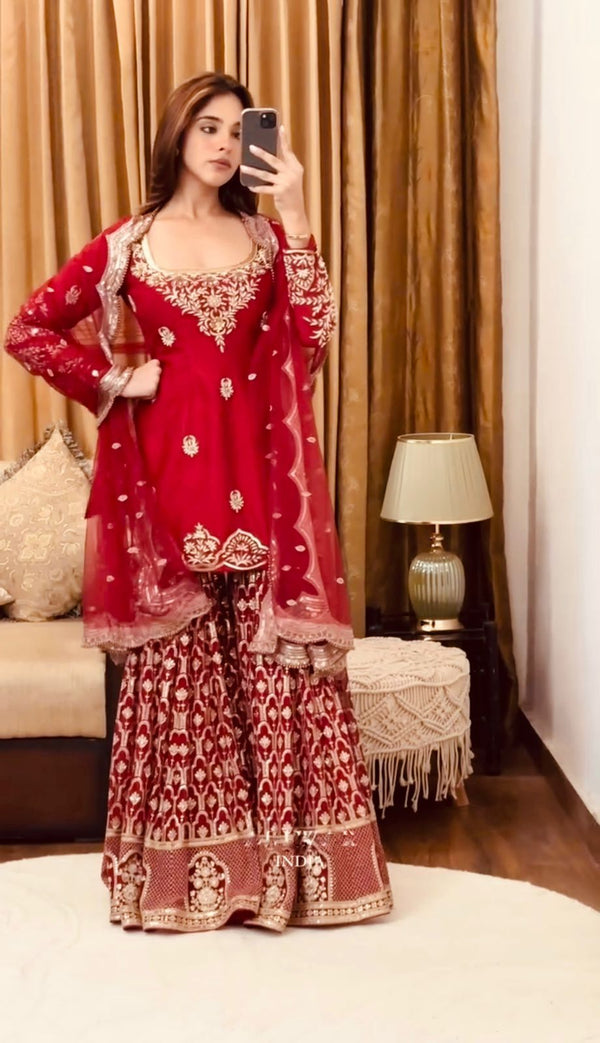 Mesmerizing Red Georgette Sequence Work Sharara Suit