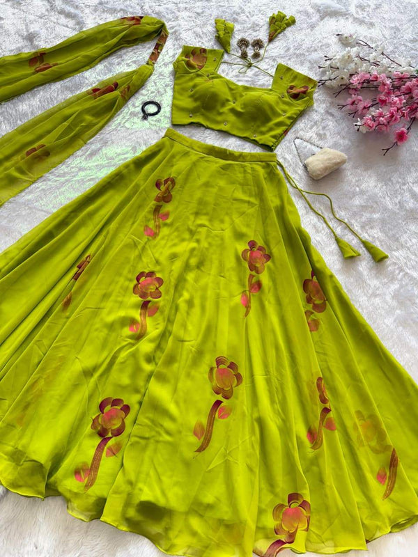 Trendy Green Color Georgette Hand Painted Lehenga Set