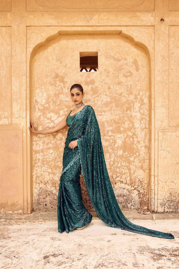 Ravishing Sequence Work Teal Blue Color Designer Saree