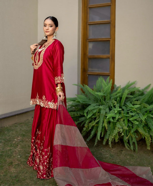 Preferable Heavy Red Color Sharara Suit