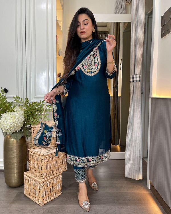 Chinon Silk Navy Blue Color Embroidered Salwar Suit