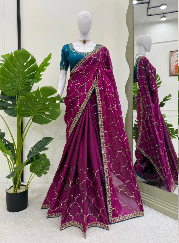 Wine Color Sequence Work Festive Wear Saree
