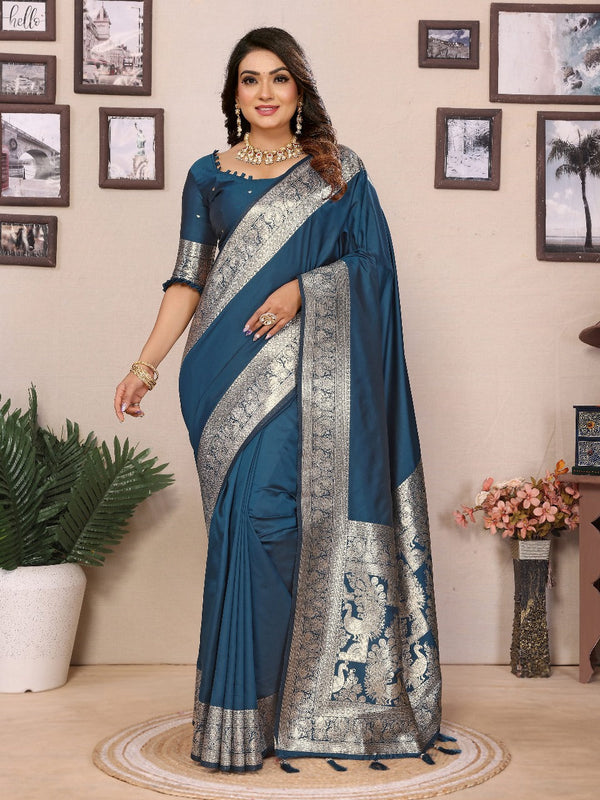 Stunning Banarasi Silk Teal Blue Color Saree