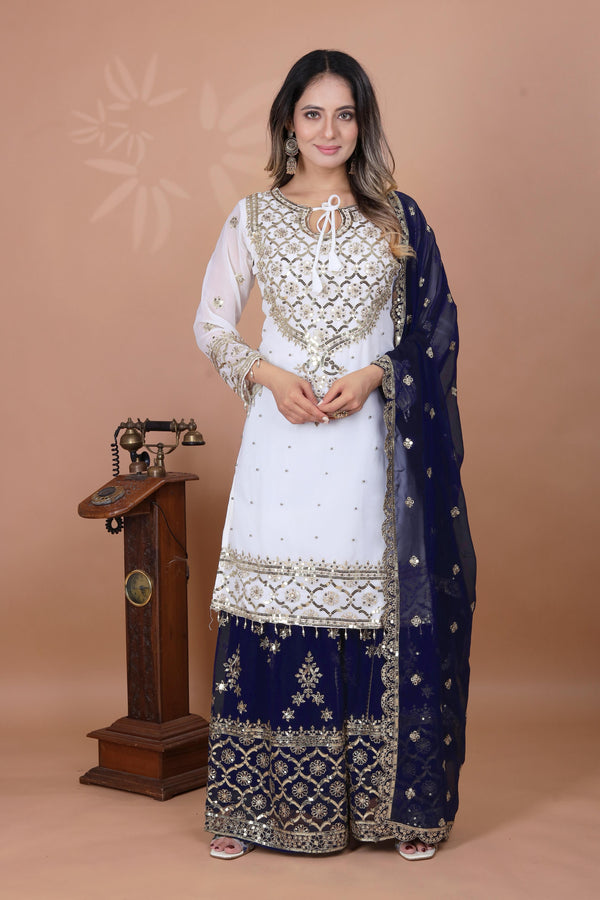 Fabulous Heavy Work White Color Suit With Navy Blue Sharara