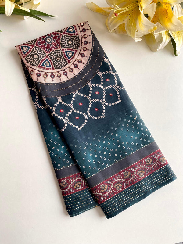 Delightful Bandhani Print With Work Blue Color Saree