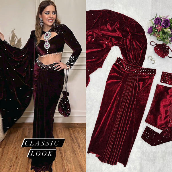 Party Wear Red Color Moti Work Lehenga Saree