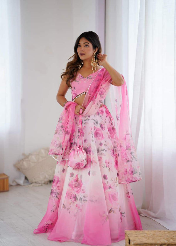 Ravishing Pink Color Organza Digital Printed Lehenga Choli