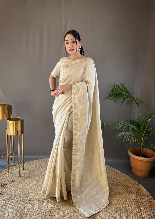 Ready To Wear Sequence With Cut Work Cream Color Saree