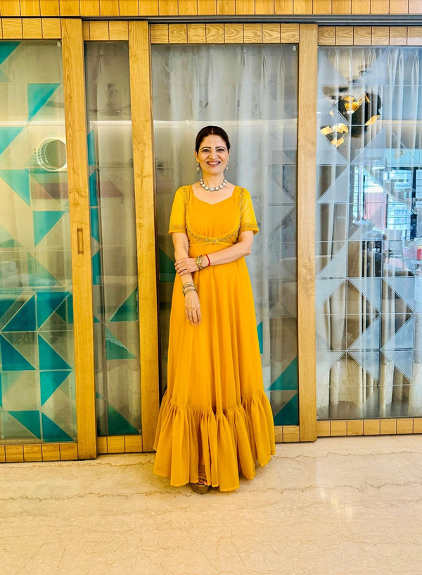 Designer Georgette Yellow Color Gown With Koti