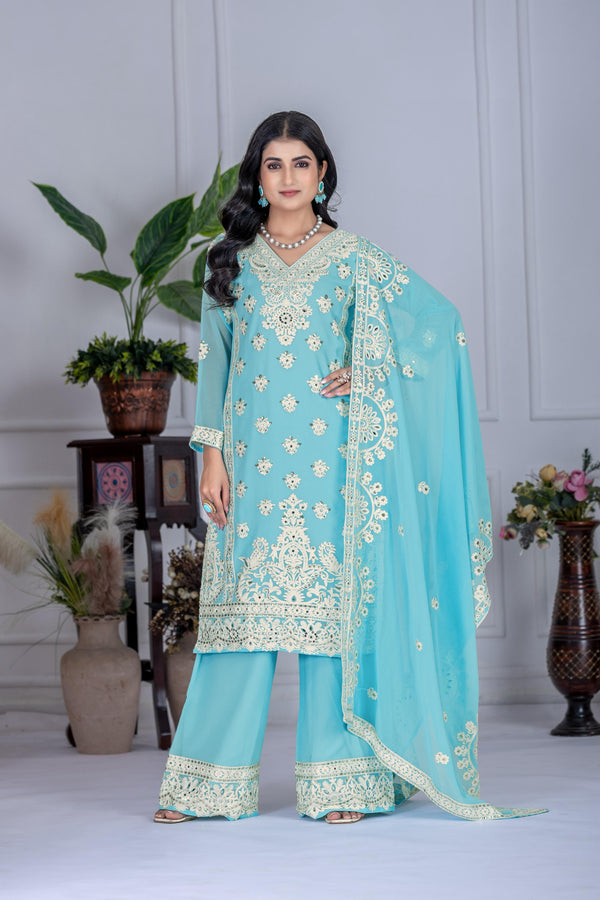 Embroidered Sky Blue Color Attractive Palazzo Suit Set