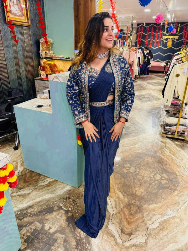 Wedding Wear Rangoli Silk Navy Blue Color Saree With Koti