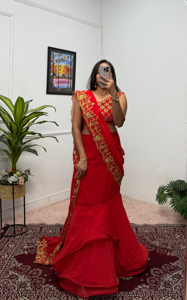 Marriage Special Faux Georgette Red Color Lehenga Saree