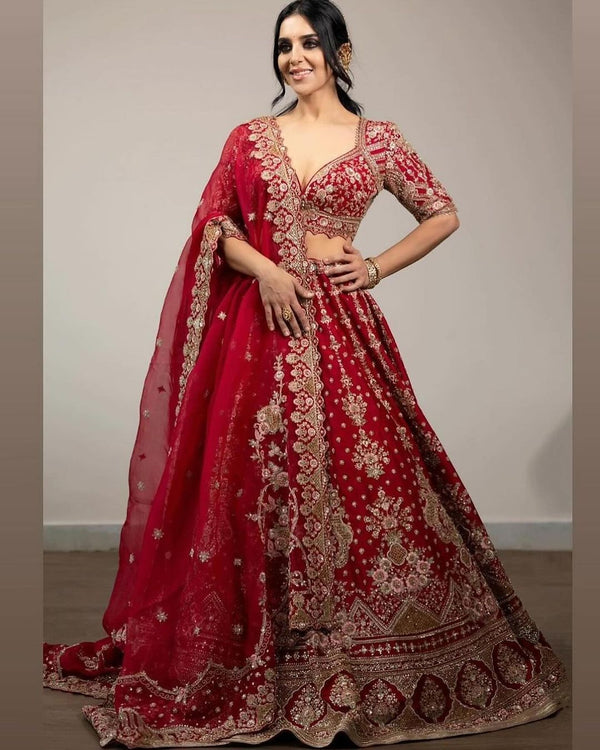 Fabulous Malai Satin Red Color Bridal Lehenga Choli