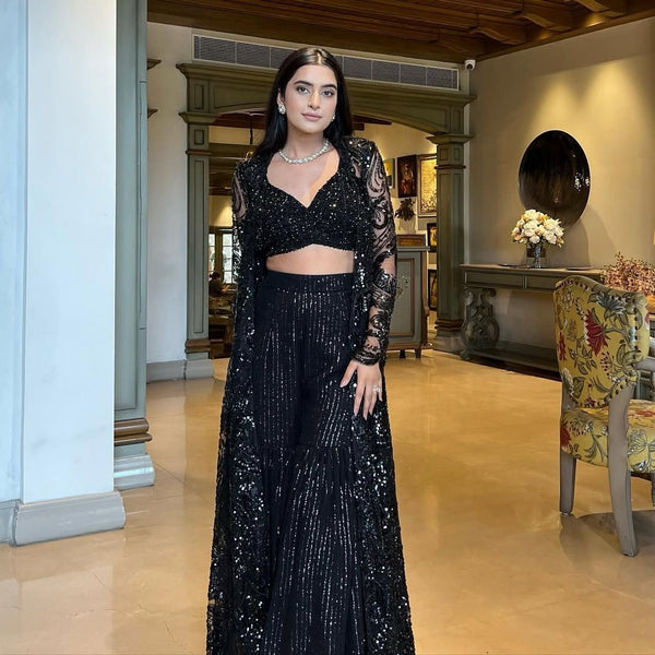 Designer Butterfly Net Black Color Palazzo Choli With Shrug