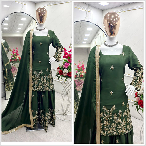 Wonderful Embroidery Work Green Color Sharara Suit
