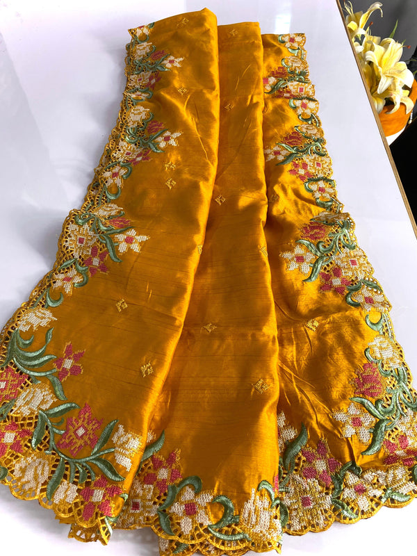 Wedding Wear Tussar Silk Yellow Color Saree