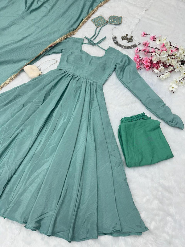 Peaceful Aqua Green Color Chinnon Silk Anarkali Gown