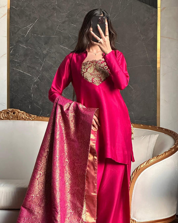 Trendy Pink Satin Silk Embroidery Work Farshi Salwar Suit