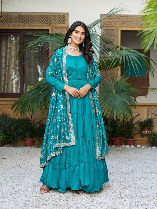 Traditional Wear Vichitra Silk Sky Blue Color Gown