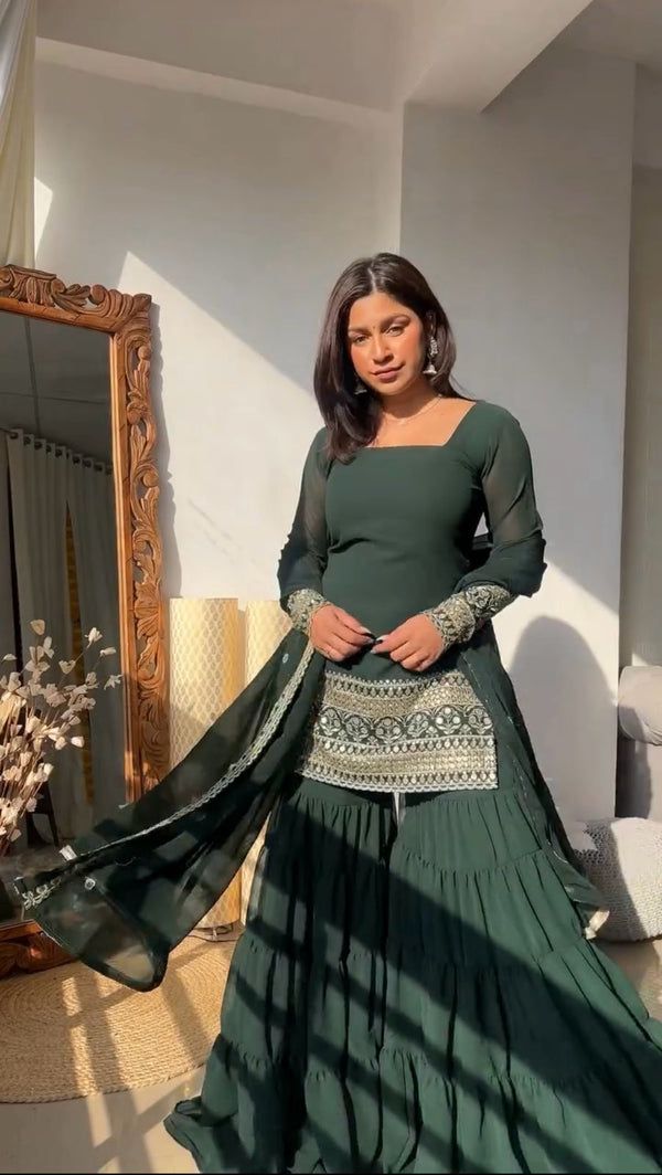 Wonderful Gorgette Sequnce Work Green Color Sharara Suit
