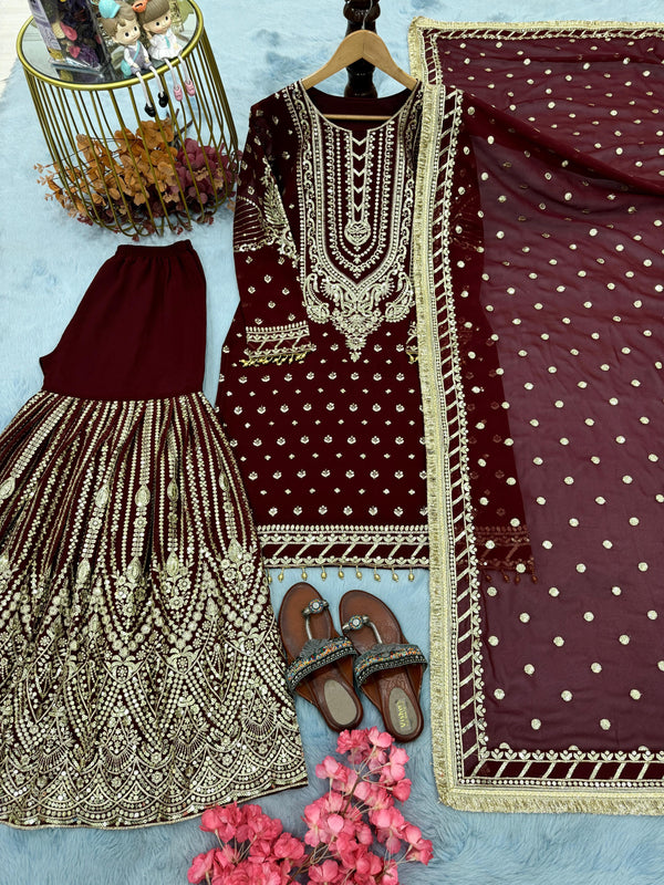 Wonderful Maroon Georgette Sequence Work Sharara Suit