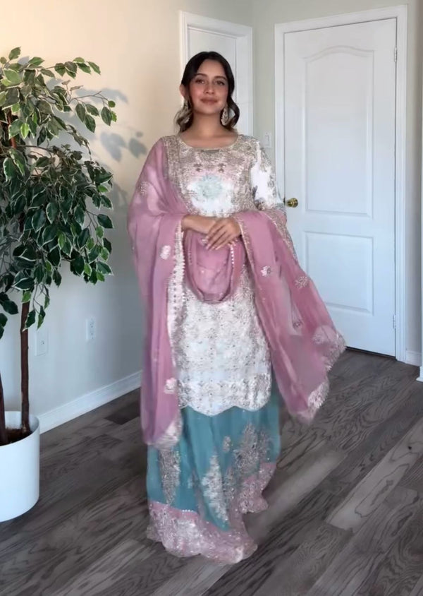 Peaceful Georgette White Color Palazzo Suit