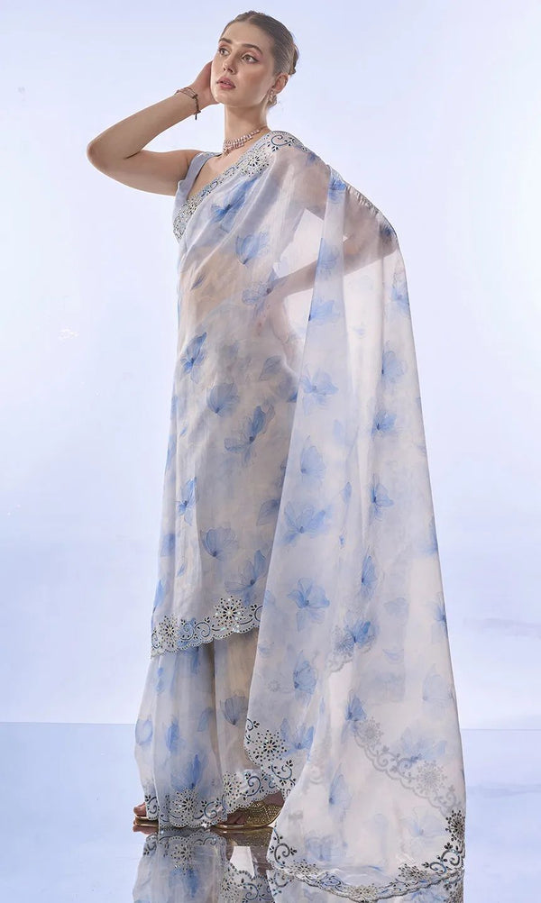 Precious Sky Blue Beautiful Printed Silk Saree